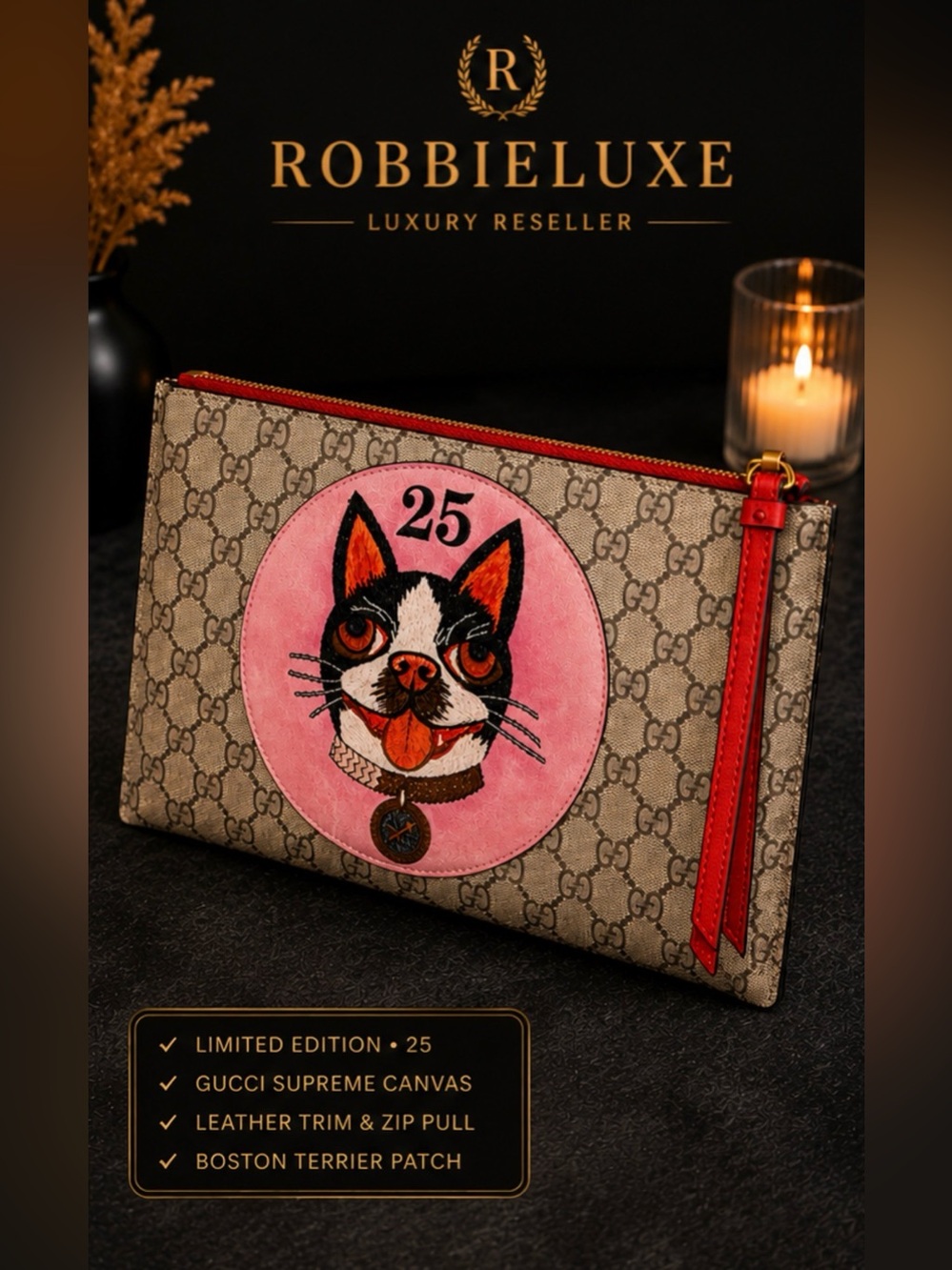 Gucci Limited Edition Bosco Boston Terrier GG Supreme Clutch Pouch - Picture 2 of 6